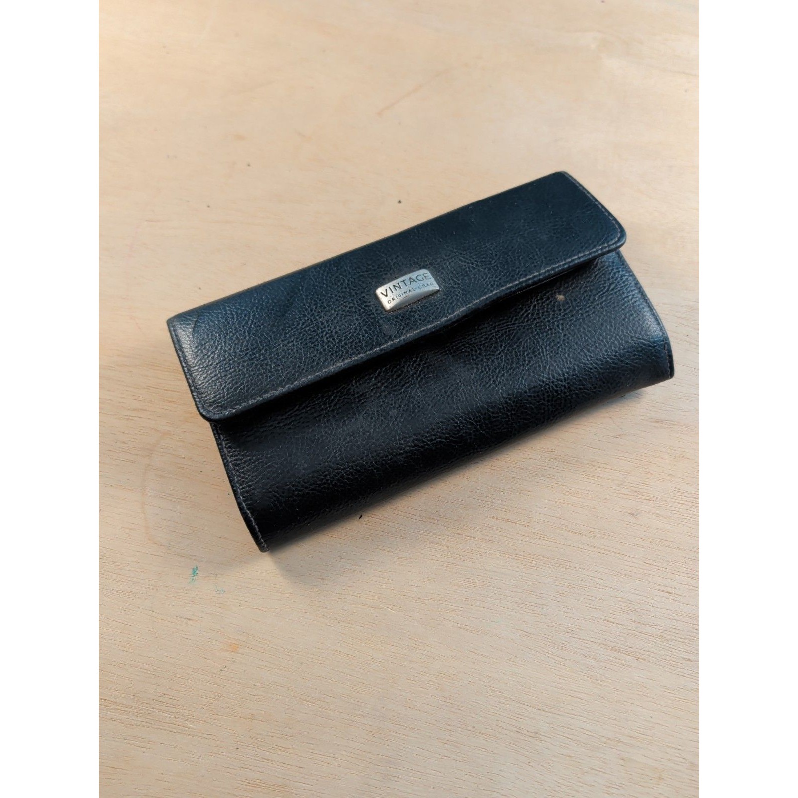 Vintage Original Gear Black Leather Organizer Wallet Trifold Checkbook Clutch